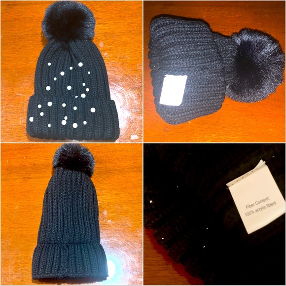 Winter Snow Beanie Knit Hat with Pom-Pom and Faux Pearl Accents Black NWT - Picture 3 of 3